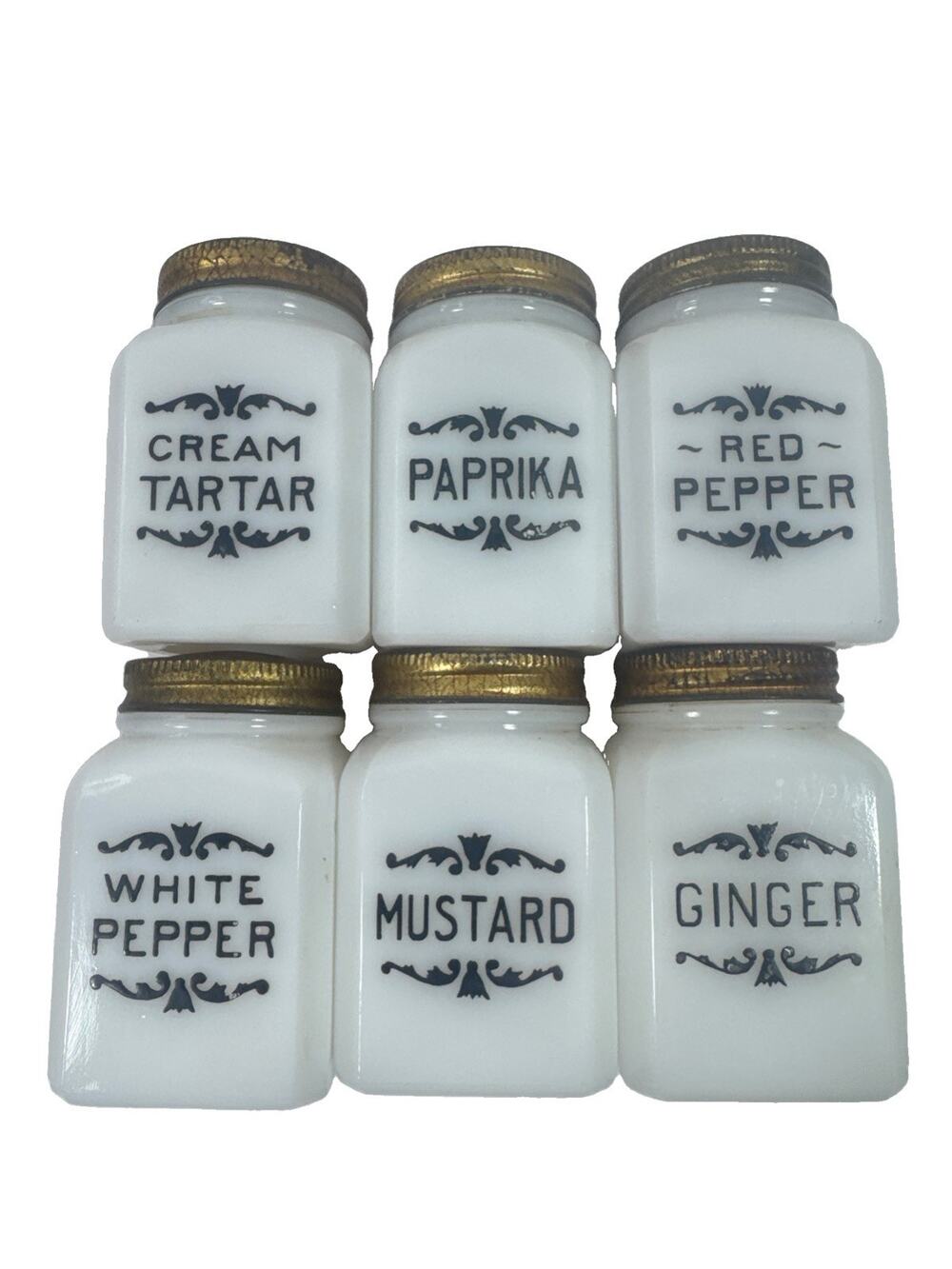 Dove Brand Spice Jars Shakers 6 White Milk Glass w/ Lids 4 oz Sale Stickers Vtg